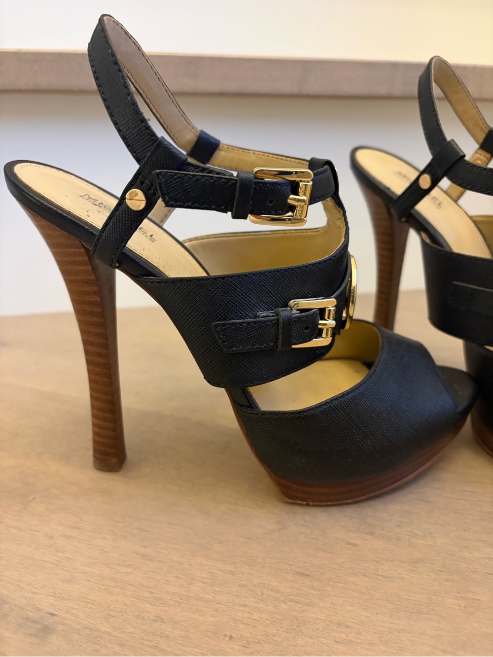 Michael Kors Black Leather Gold-Accent Platform Slingback Heels